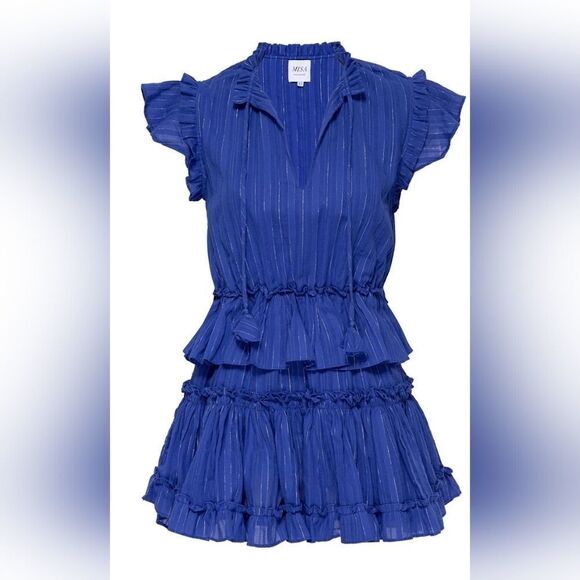 $370 NEW MISA LOS ANGELES BLUE SILVER MINI LILIAN DRESS STRETCH WAIST LARGE NWT - Picture 2 of 10